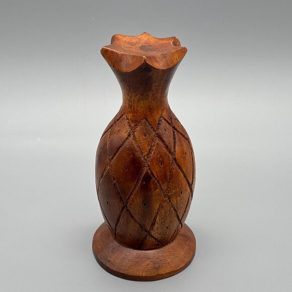 Vintage Dolphin Hand-Carved Monkey Pod Wooden Pineapple | Diamond Pattern - Picture 2 of 6